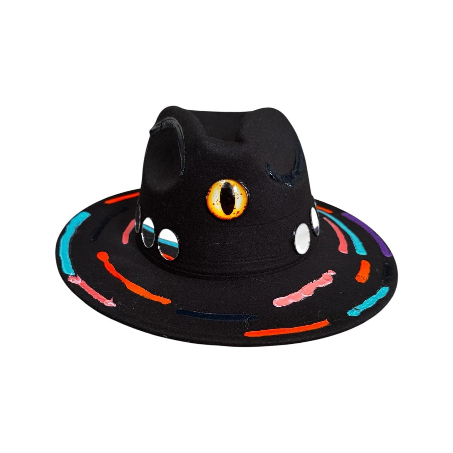Cat’s Eye Eclipse – Hand-Painted Black Festival Hat with Cosmic Halloween Glow