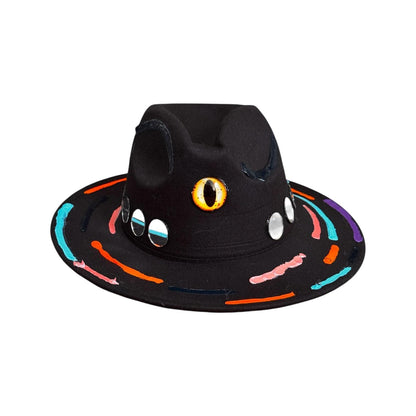 Cat’s Eye Eclipse – Hand-Painted Black Festival Hat with Cosmic Halloween Glow