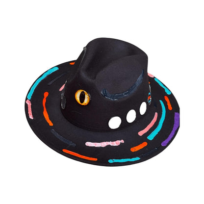 Cat’s Eye Eclipse – Hand-Painted Black Festival Hat with Cosmic Halloween Glow