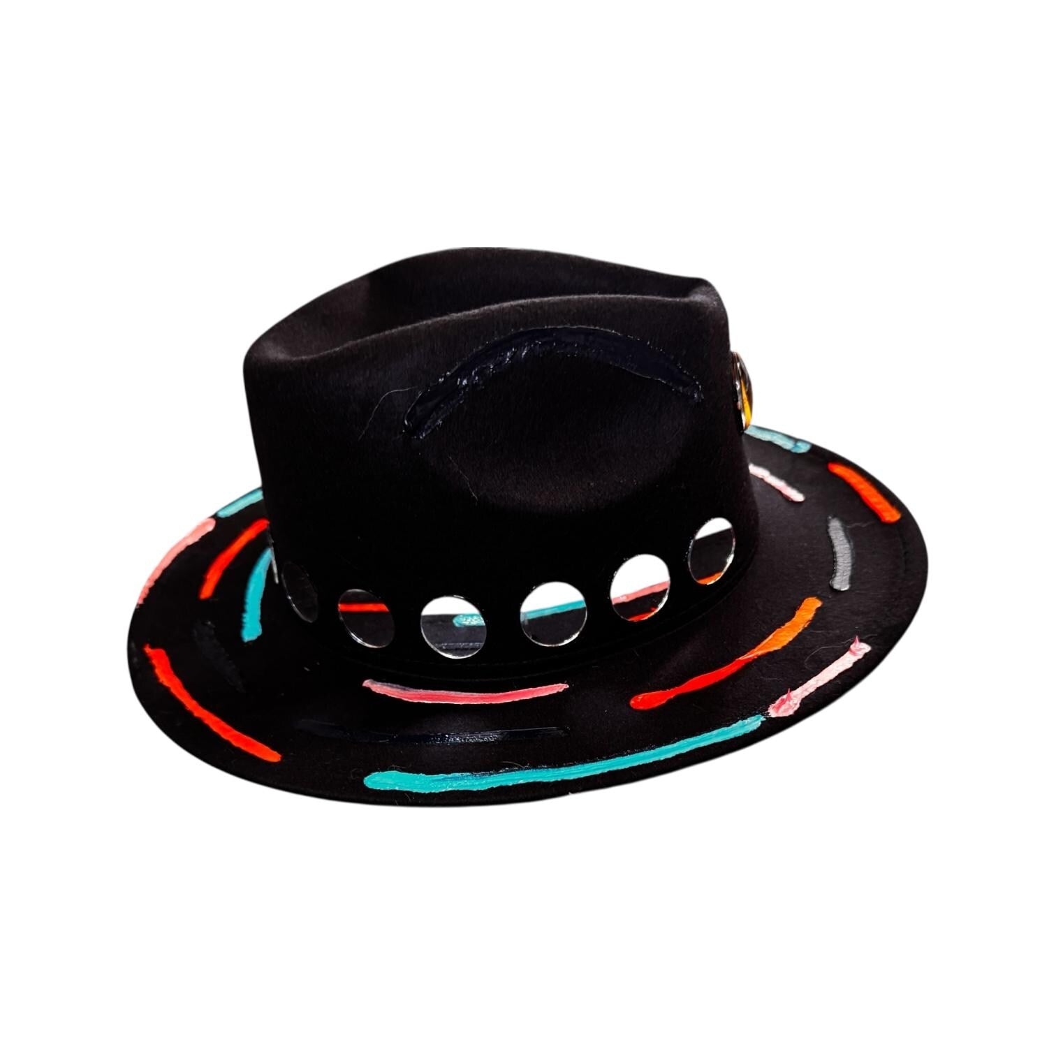 Cat’s Eye Eclipse – Hand-Painted Black Festival Hat with Cosmic Halloween Glow