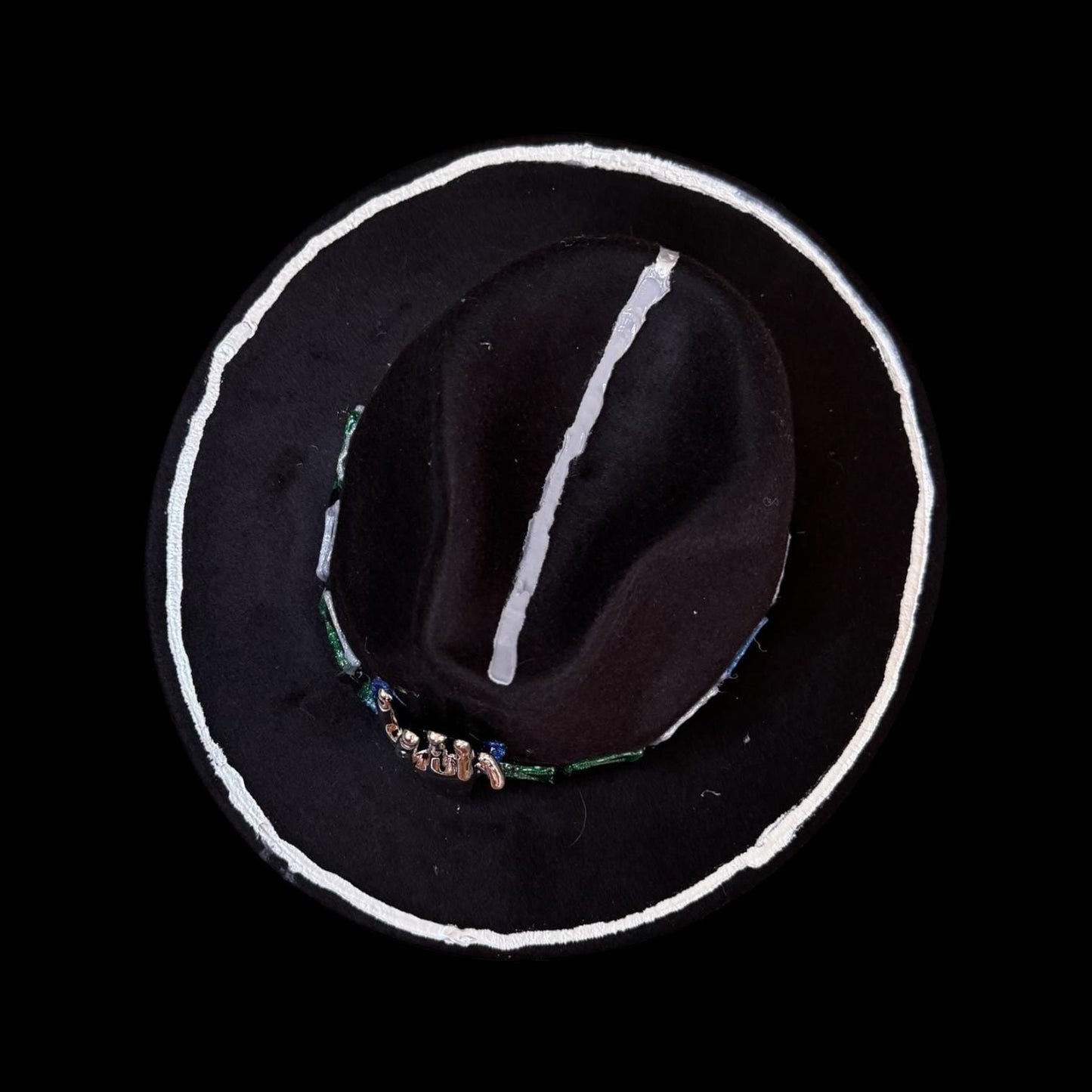 Black Wool Hat with Metallic Skeleton Hand & Geometric Accents