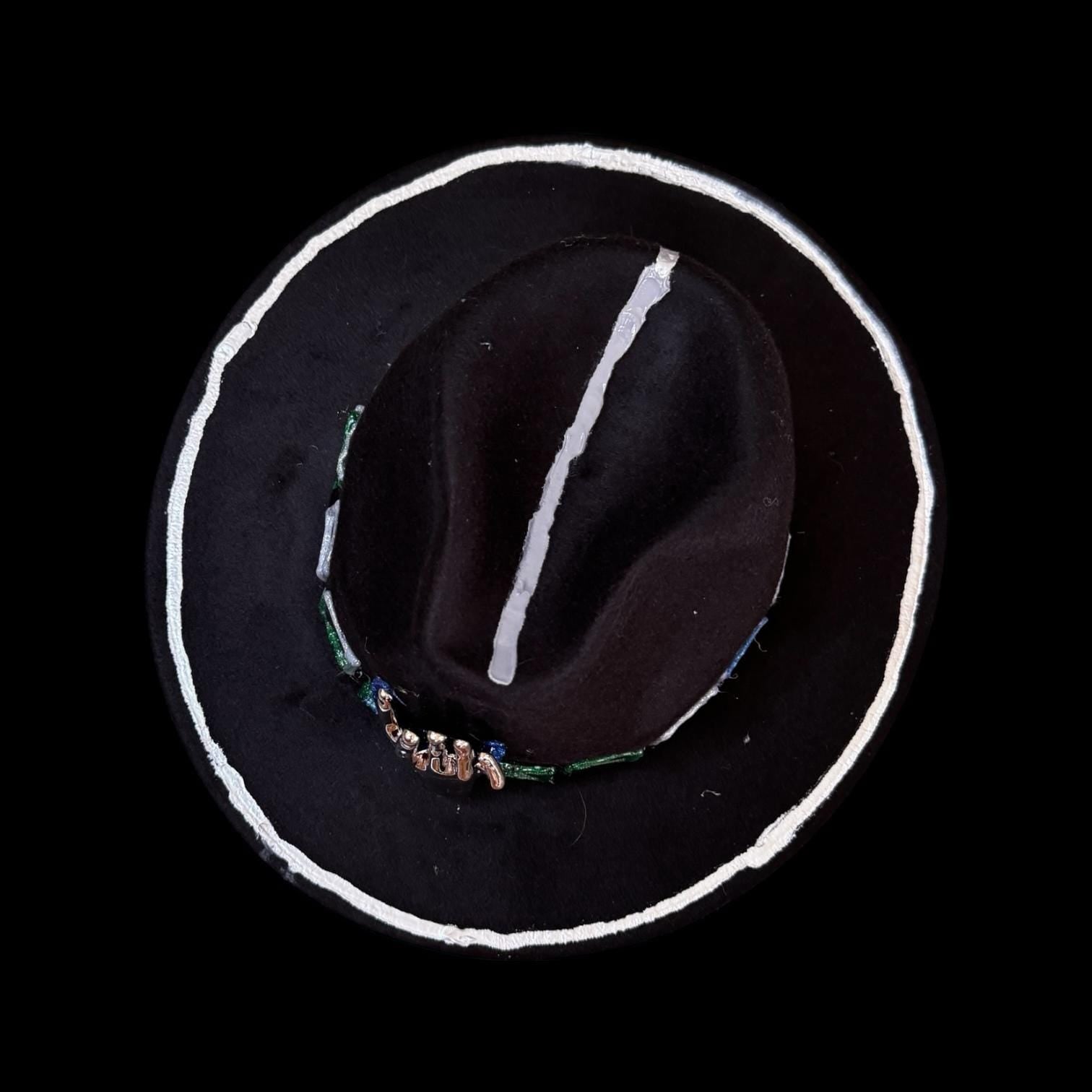 Black Wool Hat with Metallic Skeleton Hand & Geometric Accents