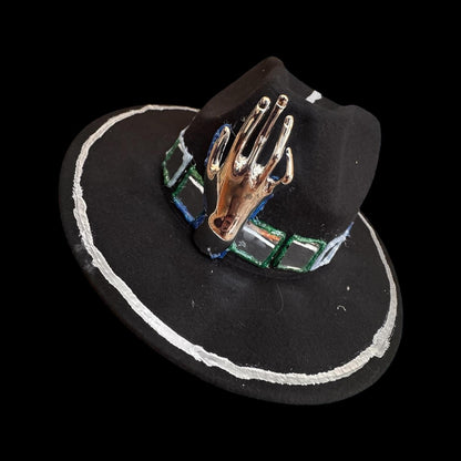 Black Wool Hat with Metallic Skeleton Hand & Geometric Accents