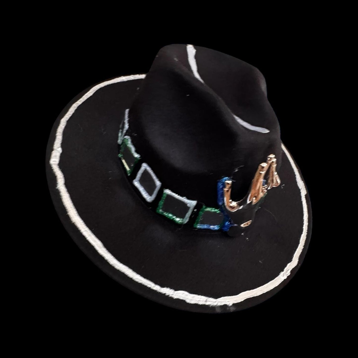 Black Wool Hat with Metallic Skeleton Hand & Geometric Accents