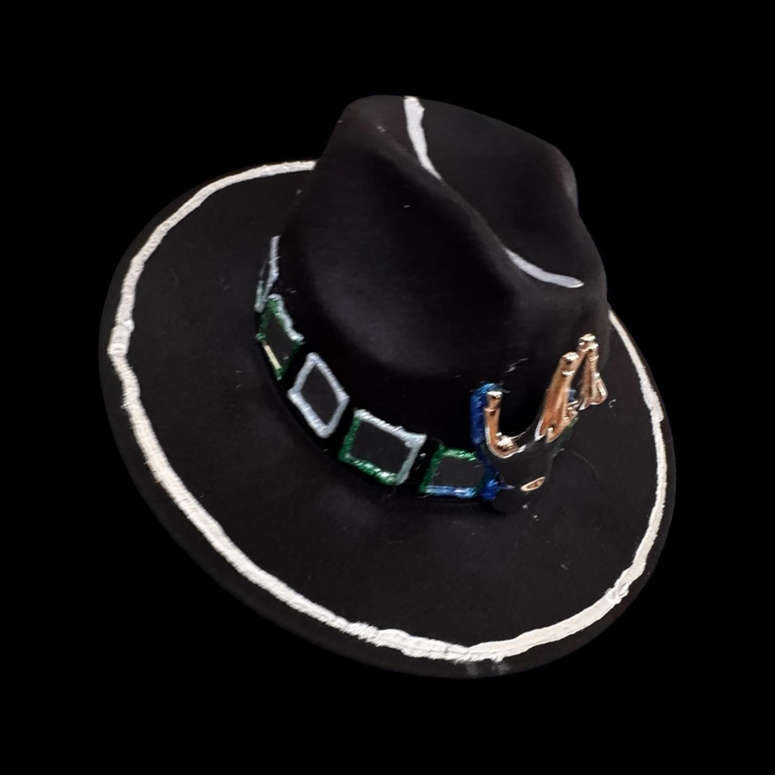 Black Wool Hat with Metallic Skeleton Hand & Geometric Accents