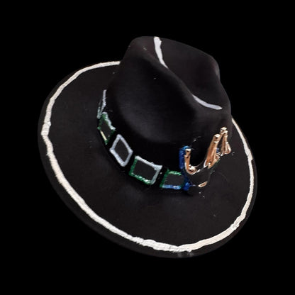 Black Wool Hat with Metallic Skeleton Hand & Geometric Accents