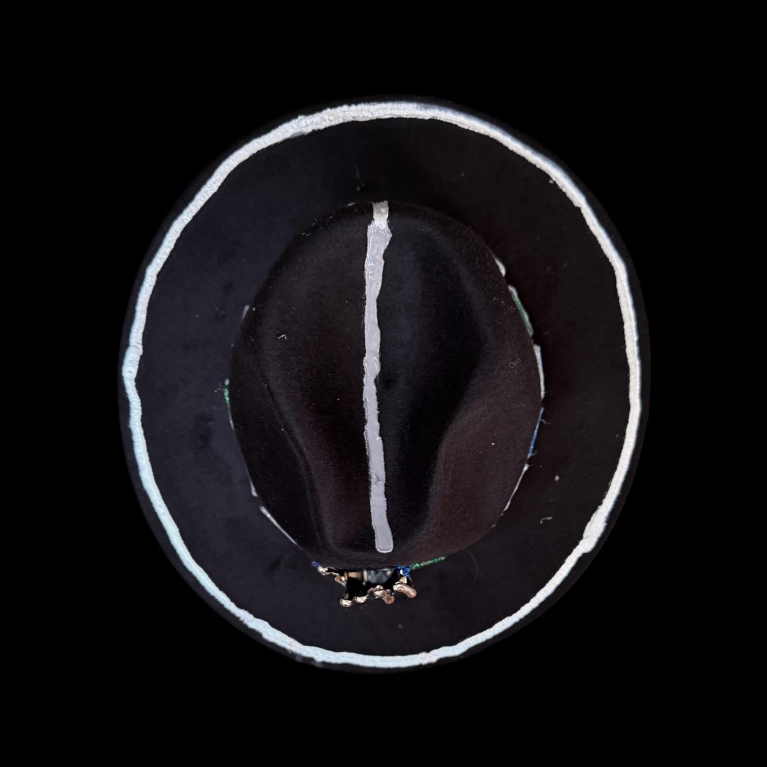 Black Wool Hat with Metallic Skeleton Hand & Geometric Accents