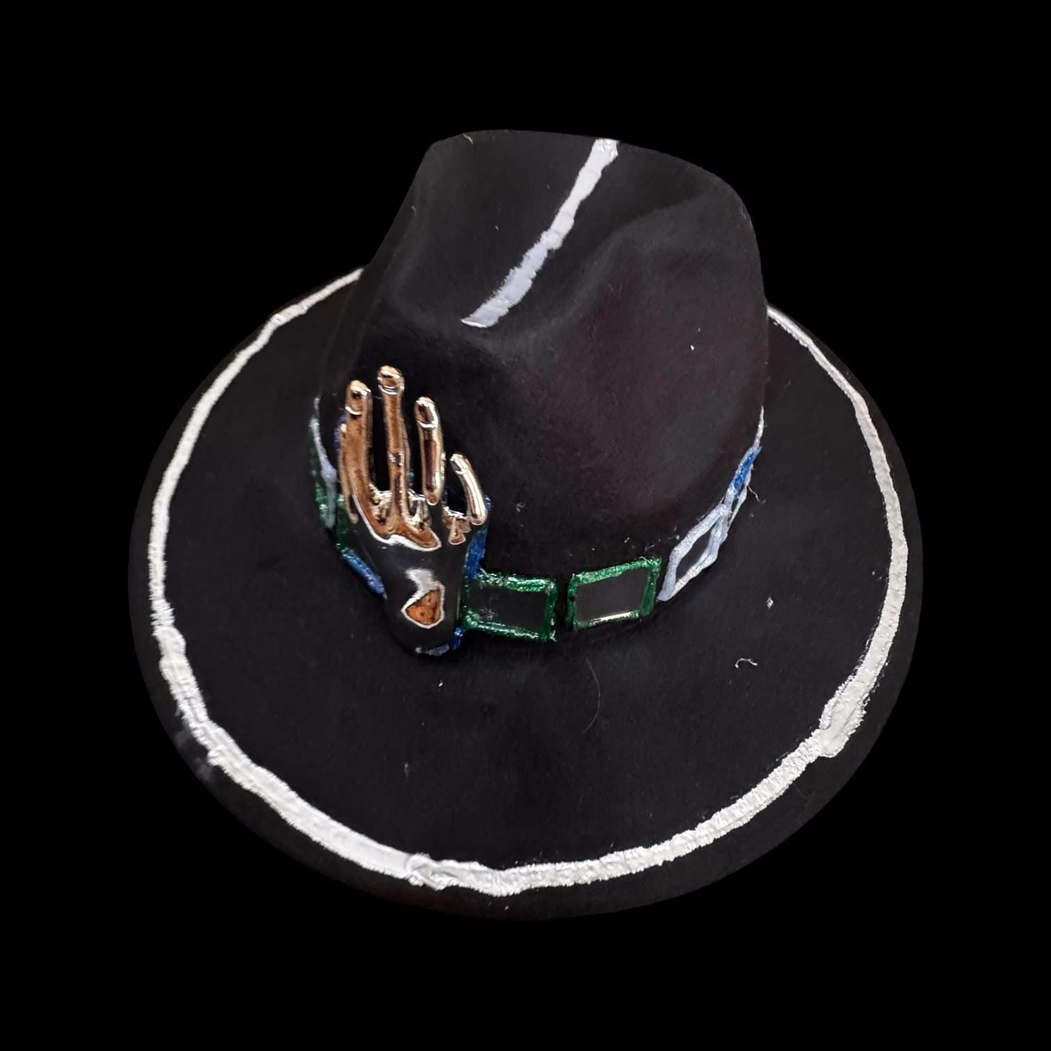 Black Wool Hat with Metallic Skeleton Hand & Geometric Accents
