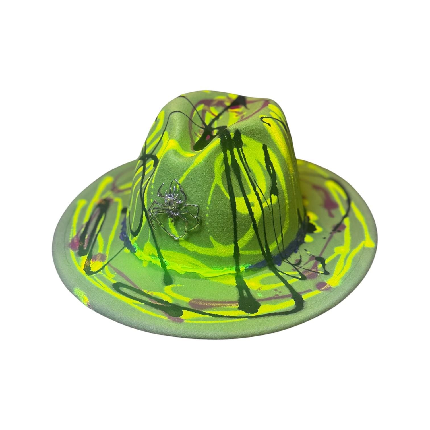 Hand-Painted Neon Fedora Hat: Glow-in-Dark Spider Brooch, Medium