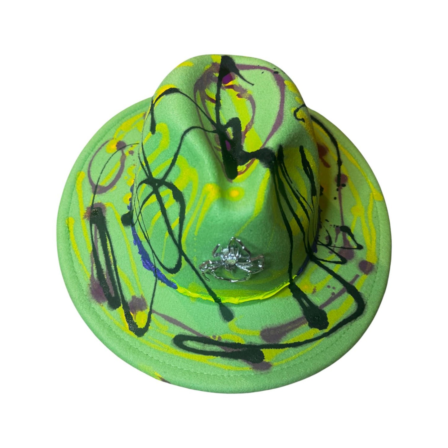 Hand-Painted Neon Fedora Hat: Glow-in-Dark Spider Brooch, Medium