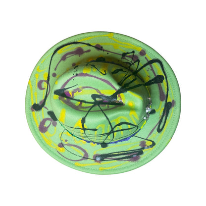 Hand-Painted Neon Fedora Hat: Glow-in-Dark Spider Brooch, Medium