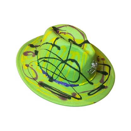 Hand-Painted Neon Fedora Hat: Glow-in-Dark Spider Brooch, Medium