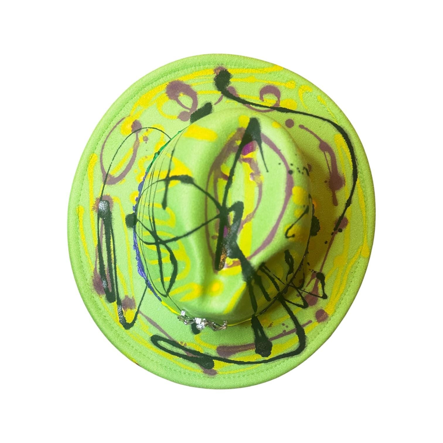 Hand-Painted Neon Fedora Hat: Glow-in-Dark Spider Brooch, Medium