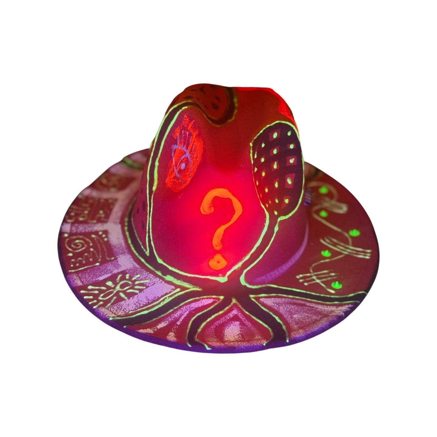 Hand-Painted UV Fedora Hat: Neon Rave Hat with Esoteric Symbols