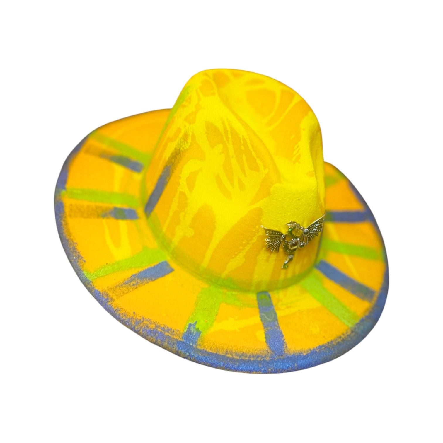 UV Glow Dragon Fedora: Hand-Painted Festival Hat with Brooch Large Brim