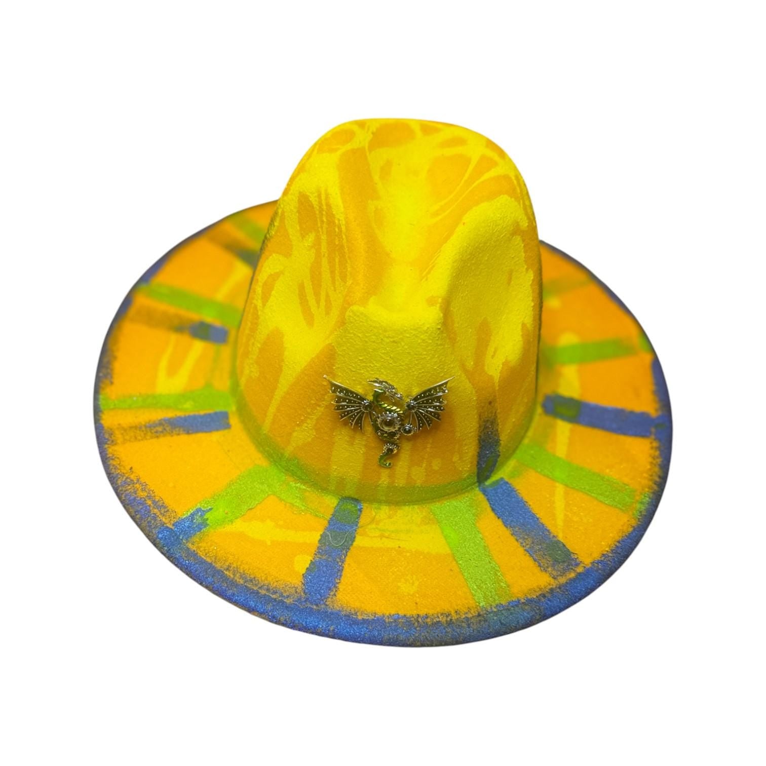UV Glow Dragon Fedora: Hand-Painted Festival Hat with Brooch Large Brim
