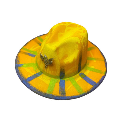 UV Glow Dragon Fedora: Hand-Painted Festival Hat with Brooch Large Brim