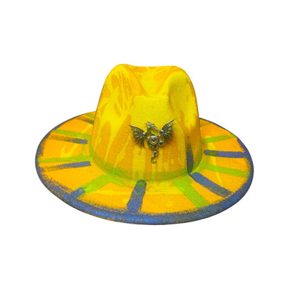 UV Glow Dragon Fedora: Hand-Painted Festival Hat with Brooch Large Brim