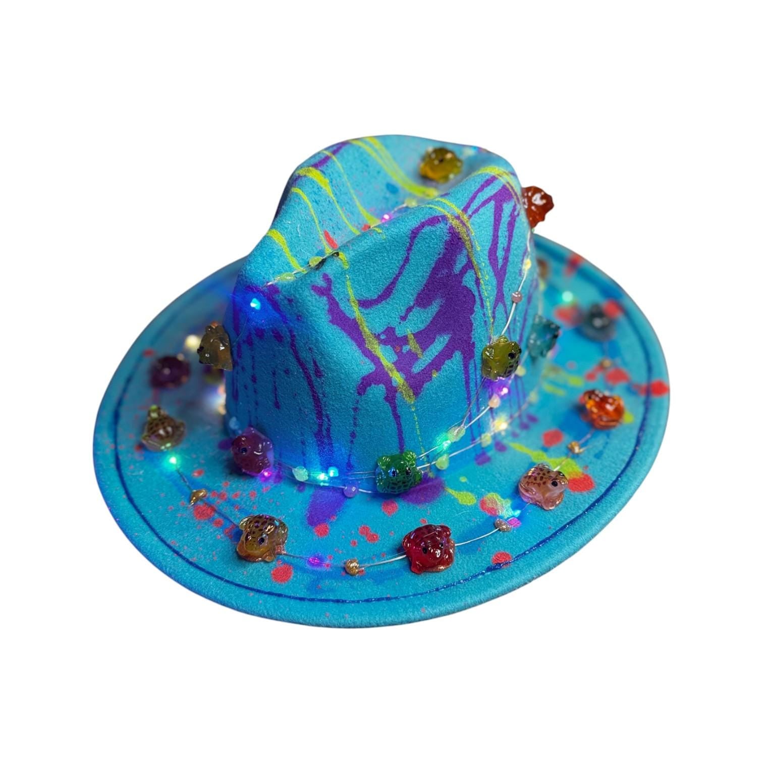 LED Burning Man Hat: Neon Drip, Resin Skulls, Hand-Painted Rave Fashion