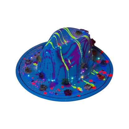 LED Burning Man Hat: Neon Drip, Resin Skulls, Hand-Painted Rave Fashion