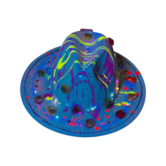 LED Burning Man Hat: Neon Drip, Resin Skulls, Hand-Painted Rave Fashion