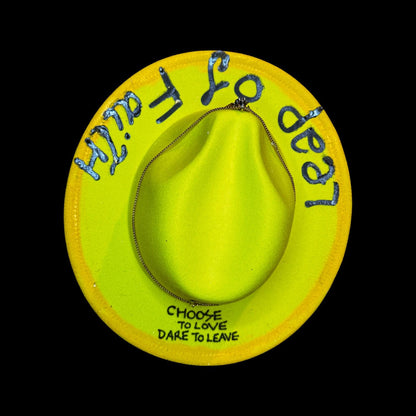 Hand-Painted Neon Yellow Hat: Festival Statement Piece with Pendant