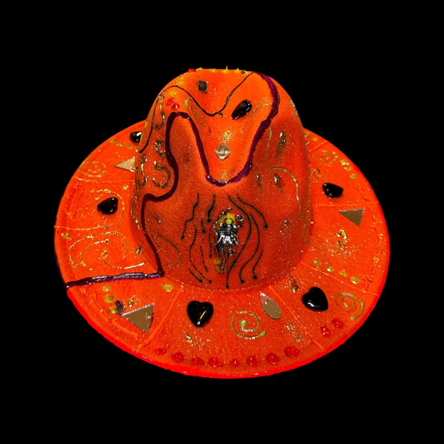 Hand-Painted Orange Festival Hat: Cosmic Embellishments, Mirror Pieces