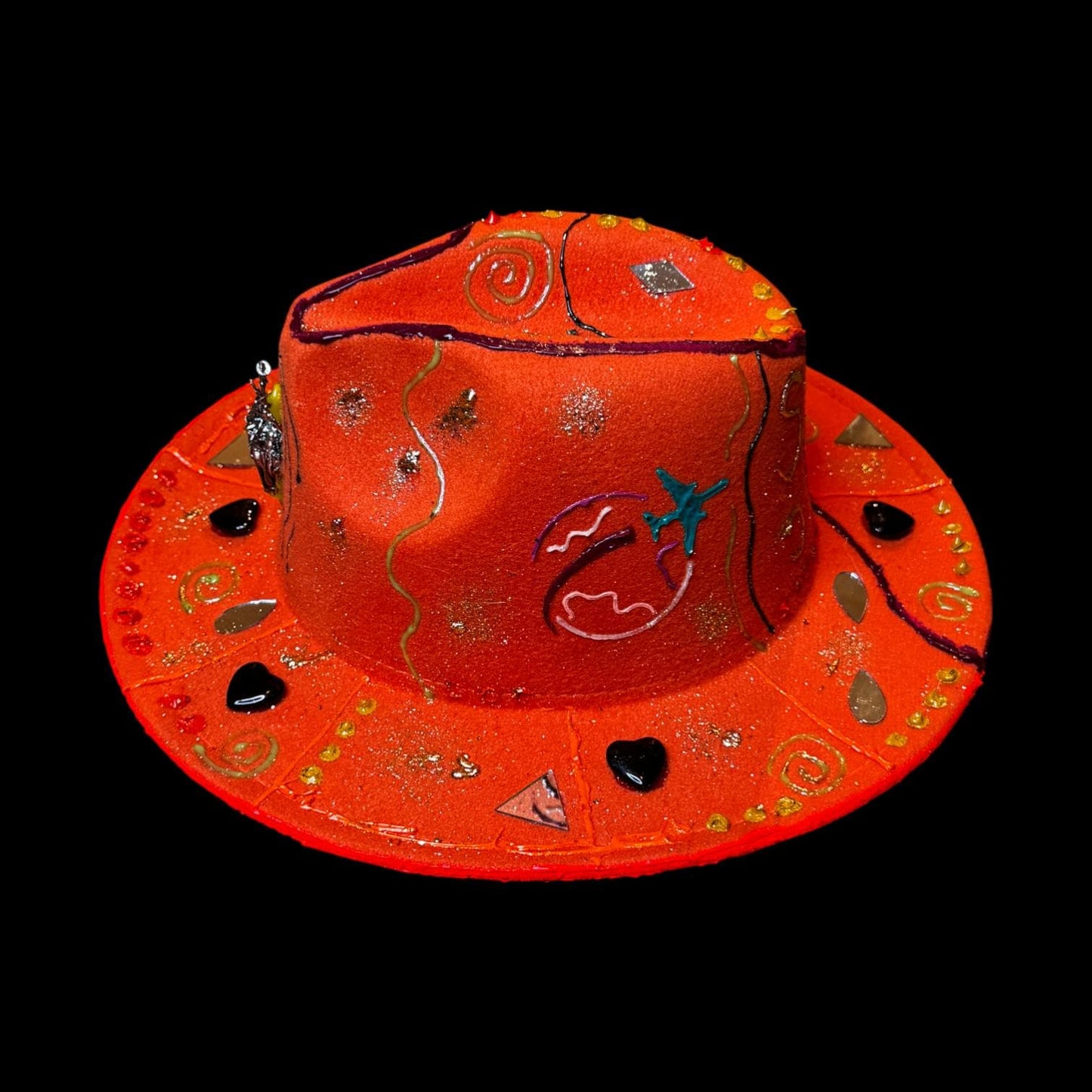 Hand-Painted Orange Festival Hat: Cosmic Embellishments, Mirror Pieces