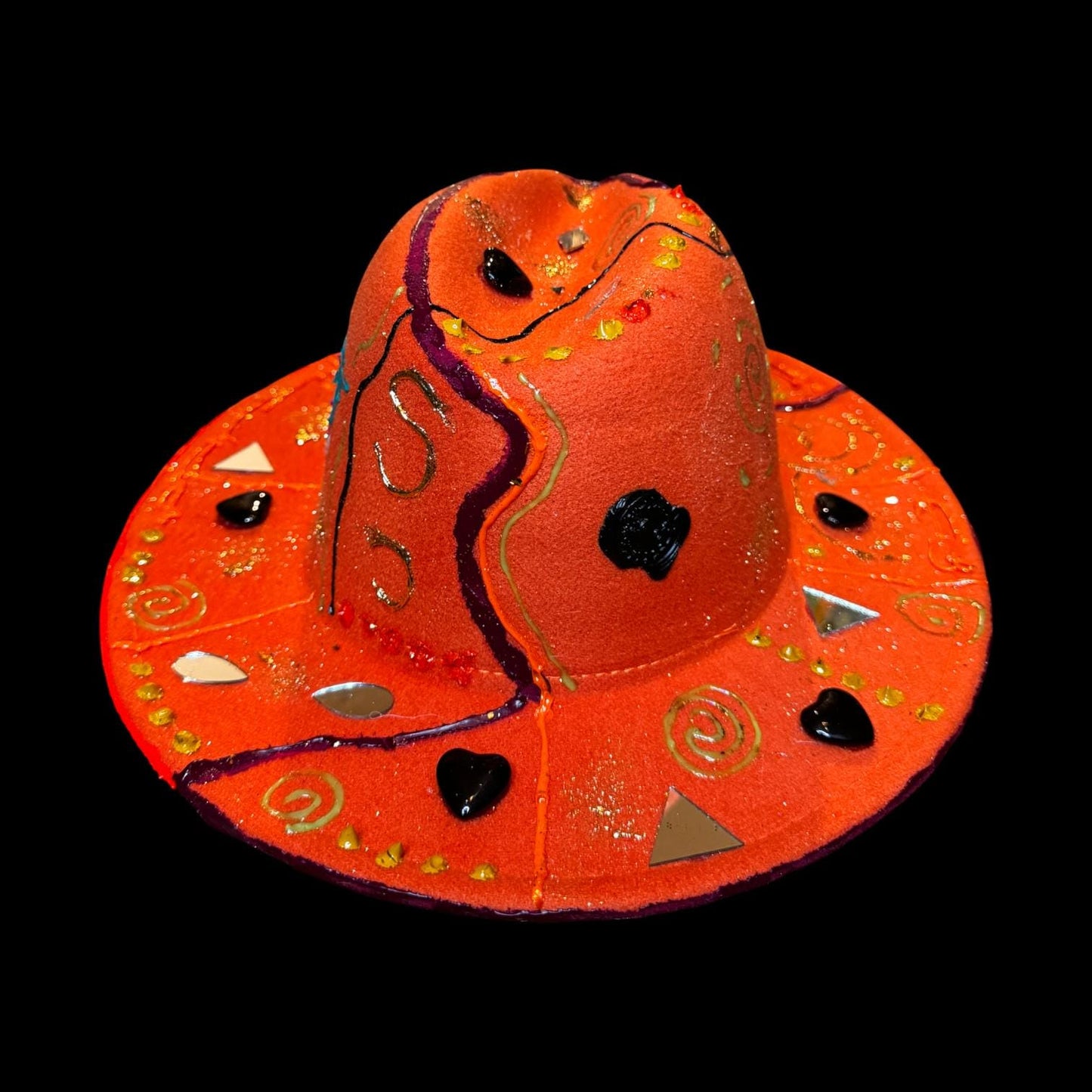 Hand-Painted Orange Festival Hat: Cosmic Embellishments, Mirror Pieces