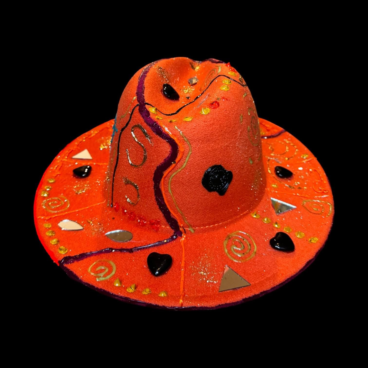 Hand-Painted Orange Festival Hat: Cosmic Embellishments, Mirror Pieces