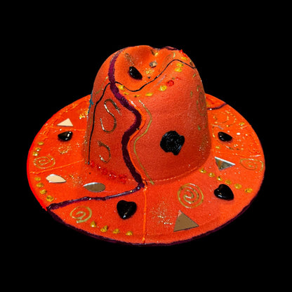 Hand-Painted Orange Festival Hat: Cosmic Embellishments, Mirror Pieces