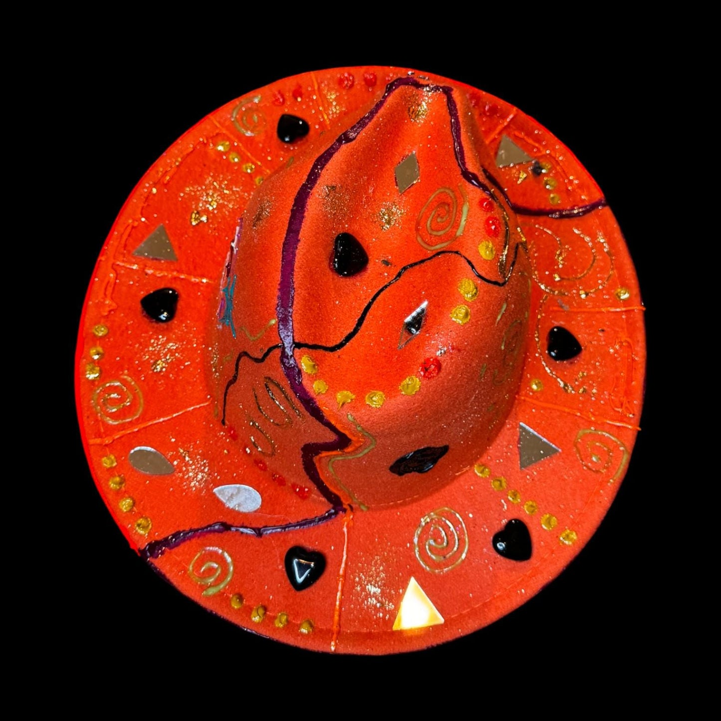 Hand-Painted Orange Festival Hat: Cosmic Embellishments, Mirror Pieces