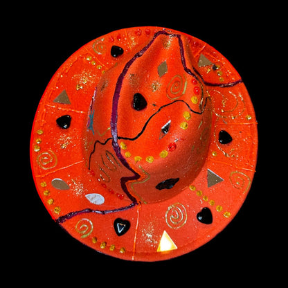 Hand-Painted Orange Festival Hat: Cosmic Embellishments, Mirror Pieces