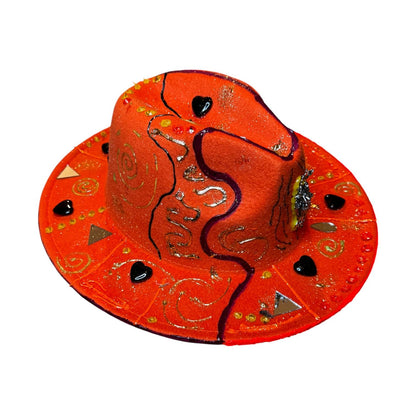 Hand-Painted Orange Festival Hat: Cosmic Embellishments, Mirror Pieces