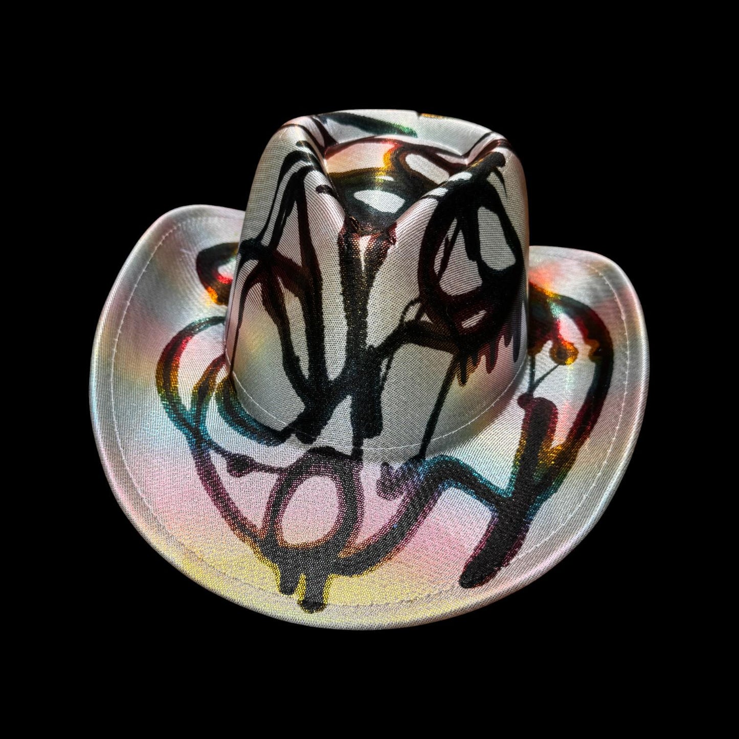 Cosmic Graffiti Glow Hat – Iridescent Abstract Festival Fedora, Hand-Painted One-of-a-Kind Statement Piece