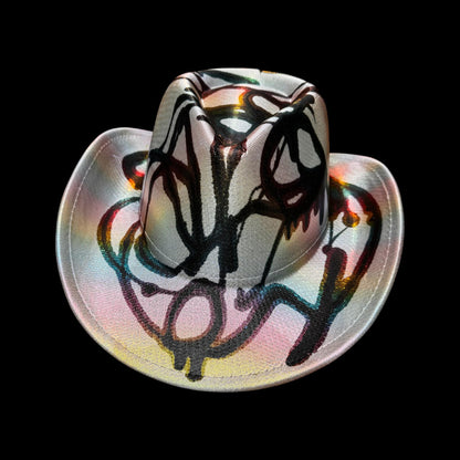 Cosmic Graffiti Glow Hat – Iridescent Abstract Festival Fedora, Hand-Painted One-of-a-Kind Statement Piece