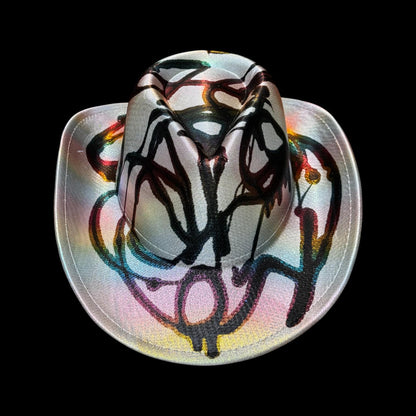 Cosmic Graffiti Glow Hat – Iridescent Abstract Festival Fedora, Hand-Painted One-of-a-Kind Statement Piece
