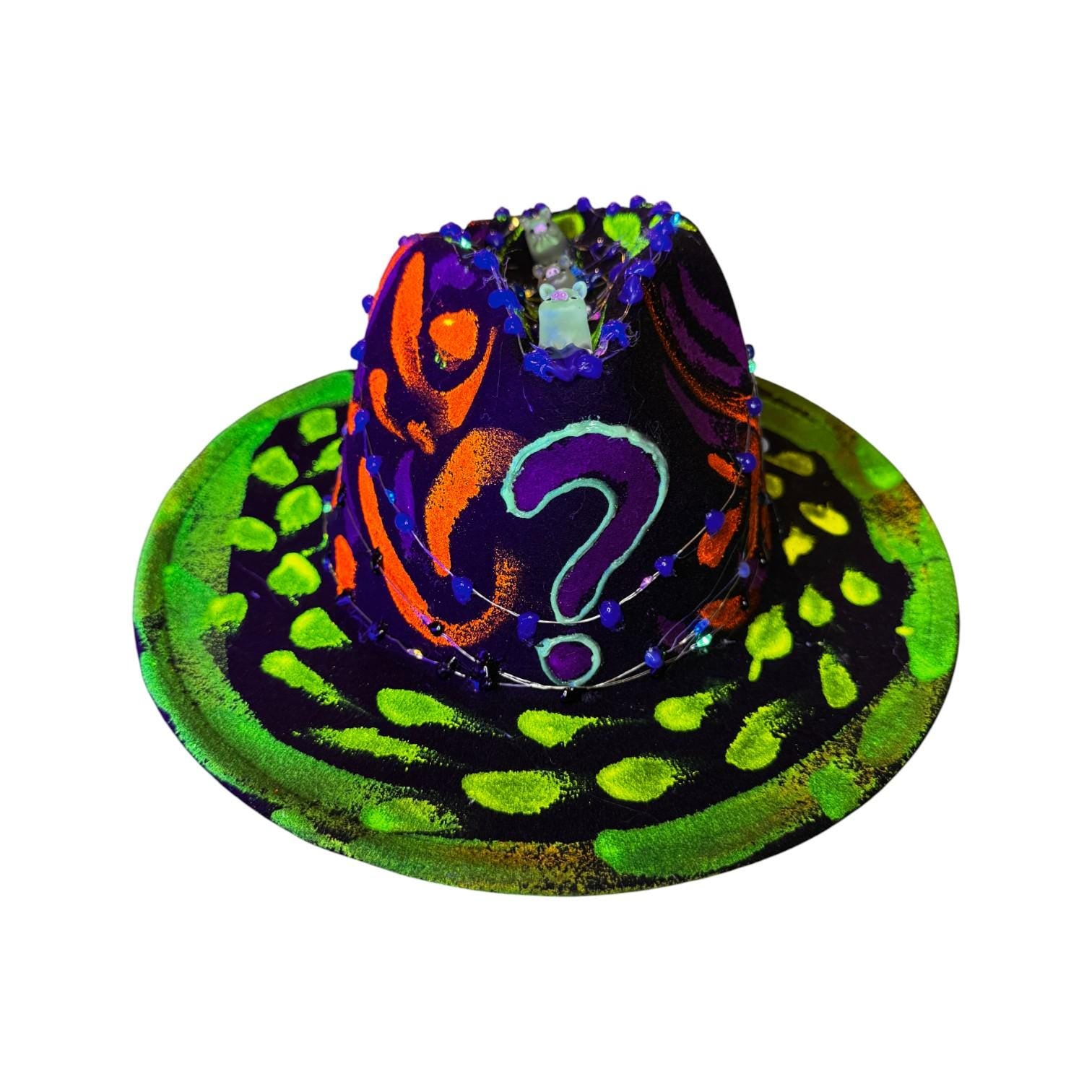 Hand-Painted Neon Glow Festival Hat with LED Lights & Bear Figurines