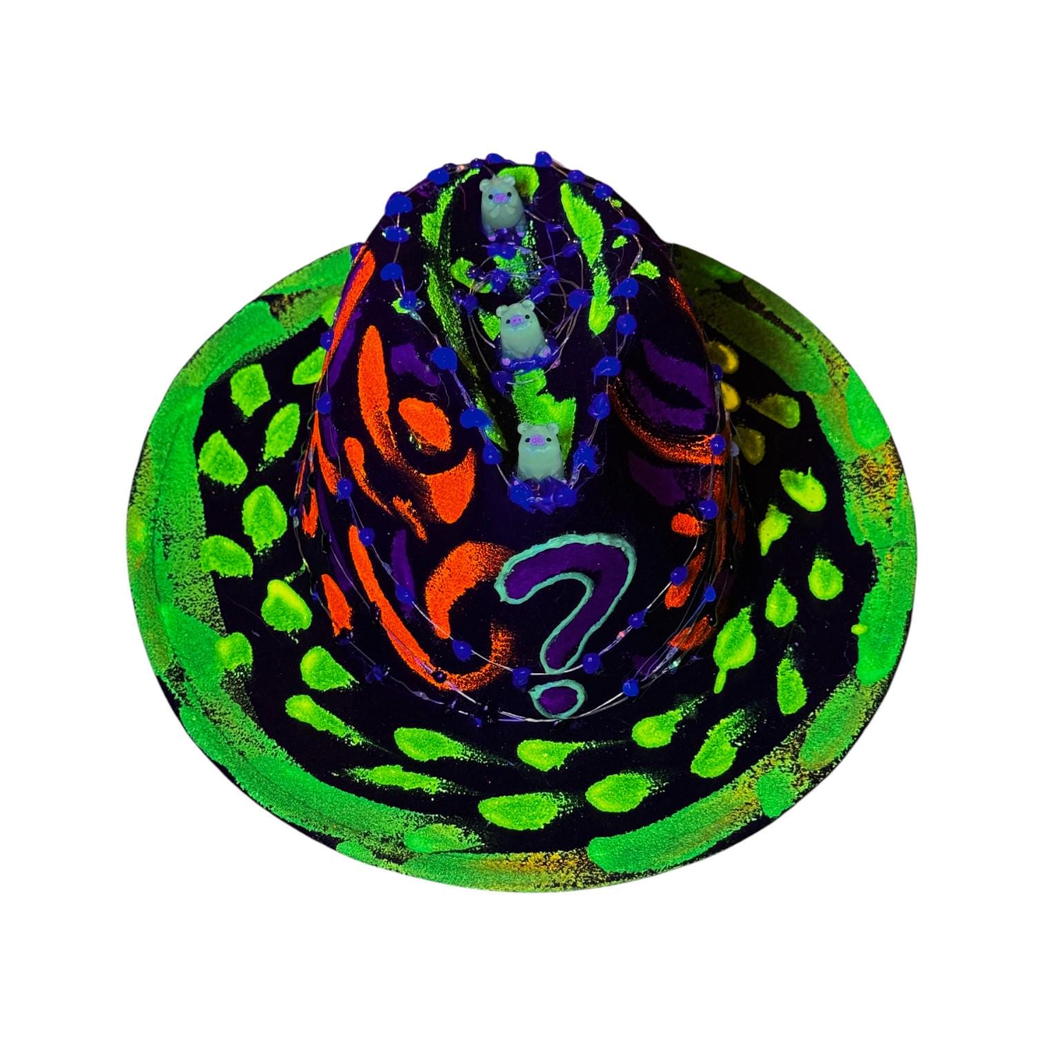 Hand-Painted Neon Glow Festival Hat with LED Lights & Bear Figurines