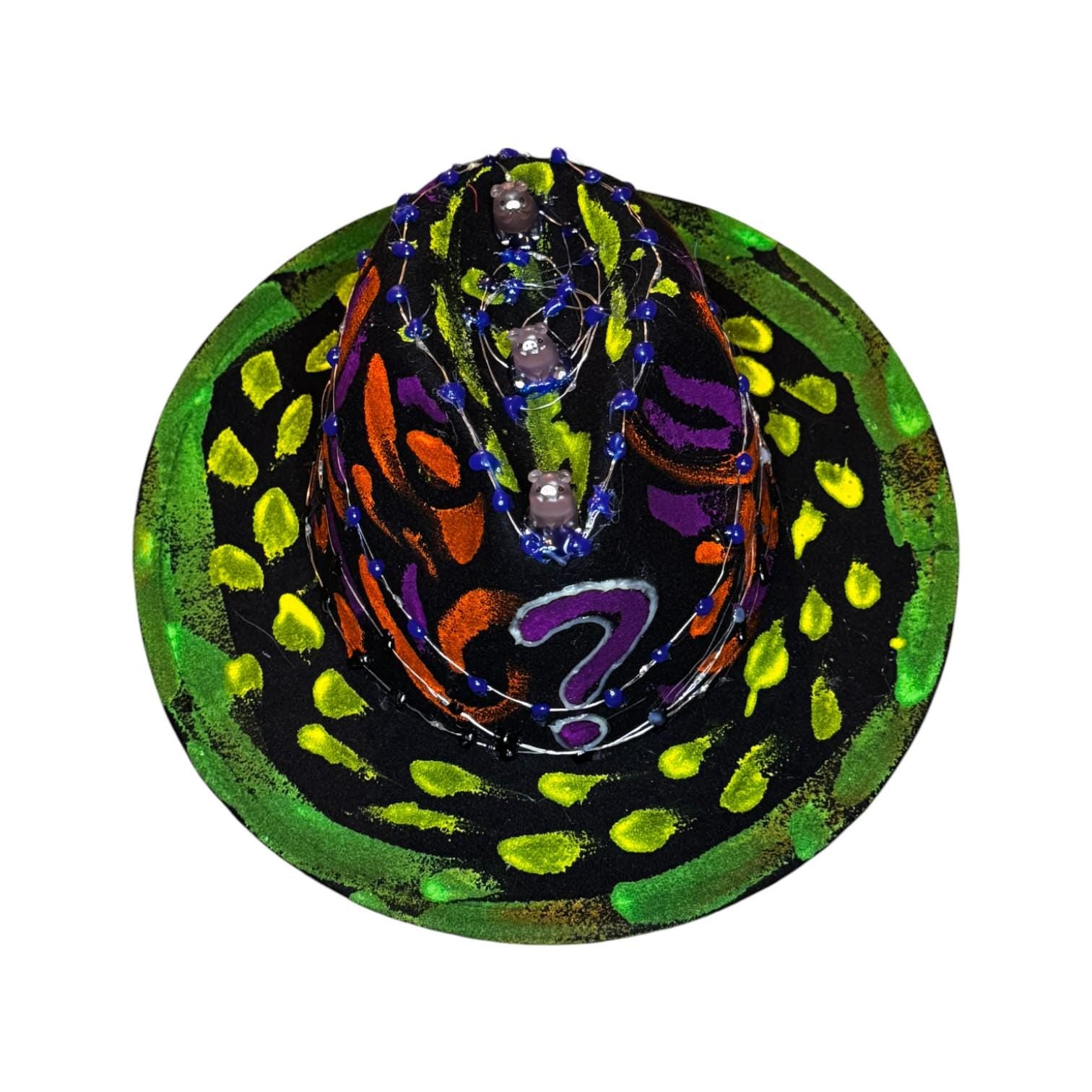 Hand-Painted Neon Glow Festival Hat with LED Lights & Bear Figurines