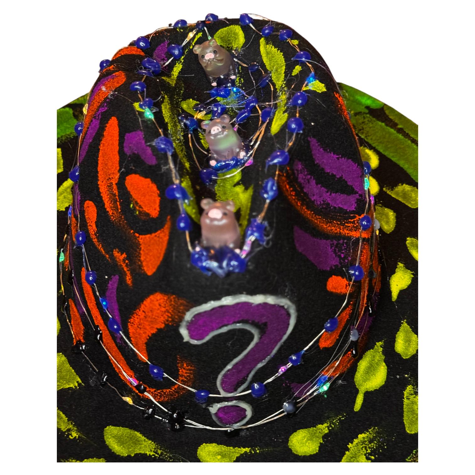 Hand-Painted Neon Glow Festival Hat with LED Lights & Bear Figurines