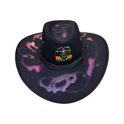 Hand-Painted Neon Camera Cowboy Hat: Rave Festival Blacklight Art