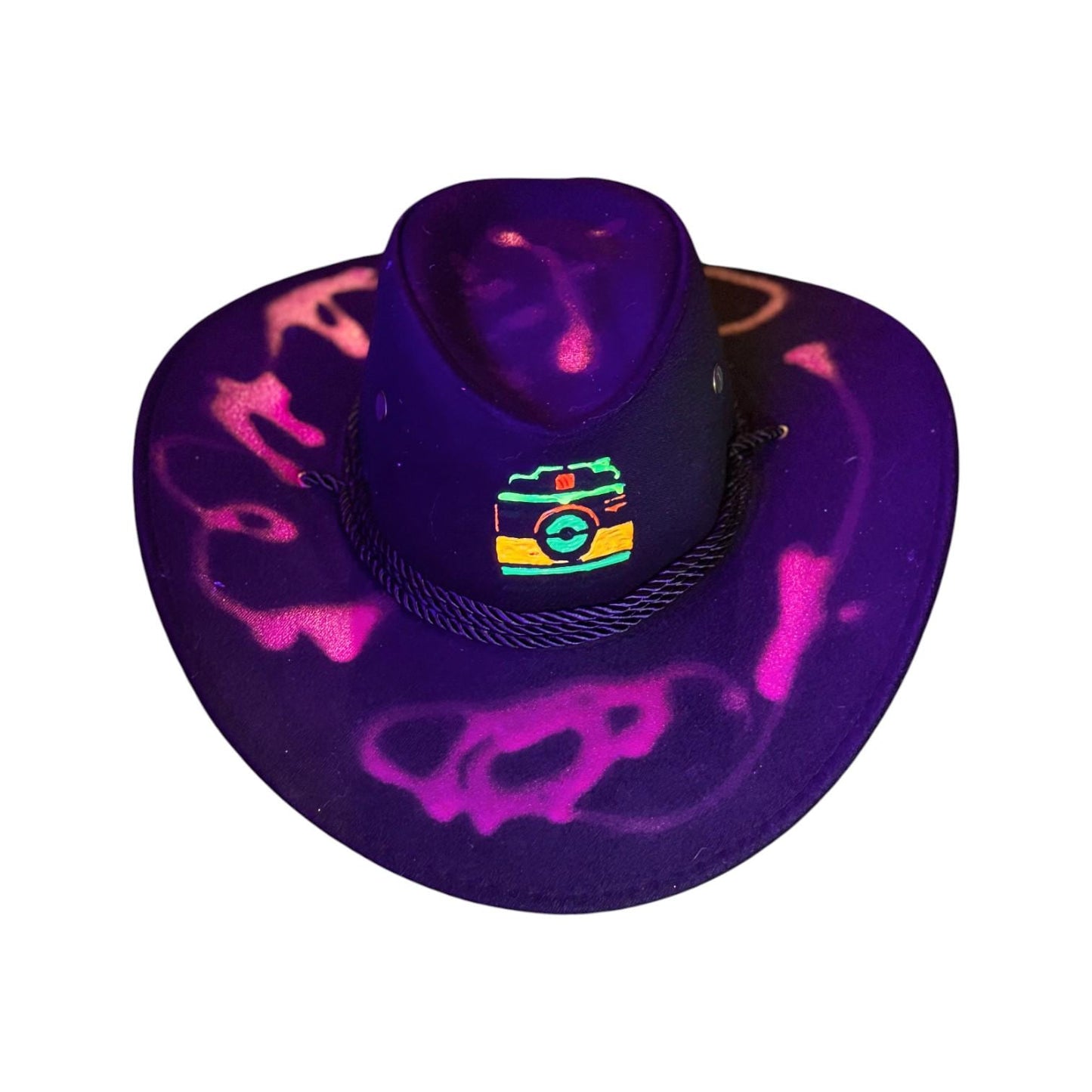 Hand-Painted Neon Camera Cowboy Hat: Rave Festival Blacklight Art