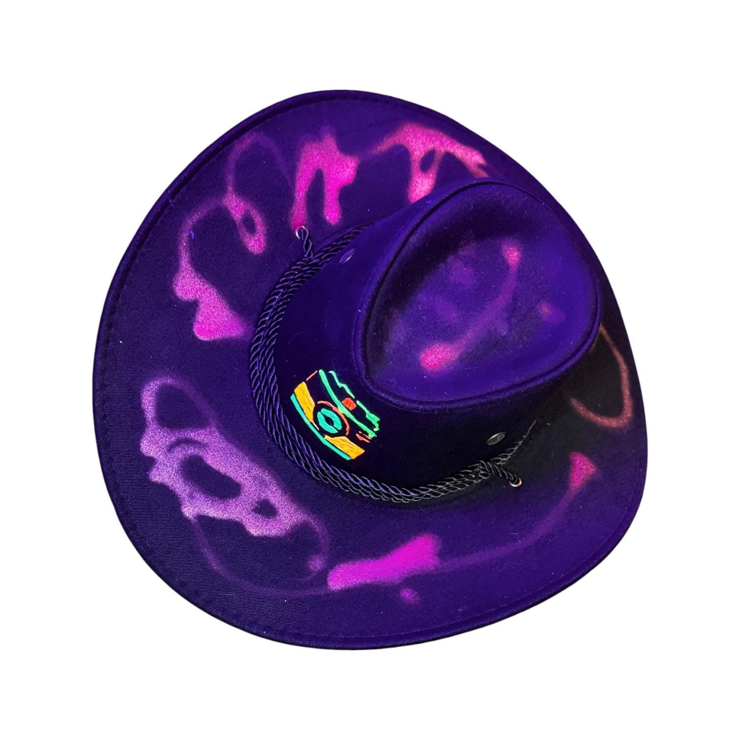 Hand-Painted Neon Camera Cowboy Hat: Rave Festival Blacklight Art