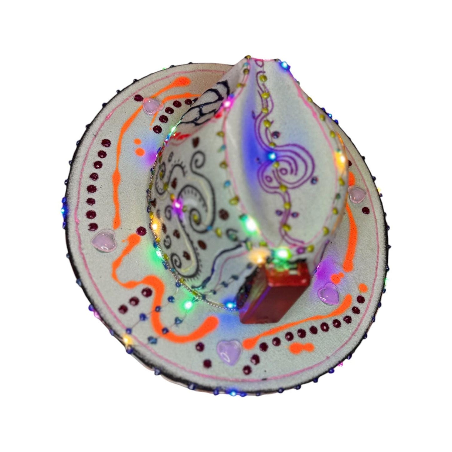 LED Burning Man Cowboy Hat: Neon Art, Cosmic Symbols, Handmade