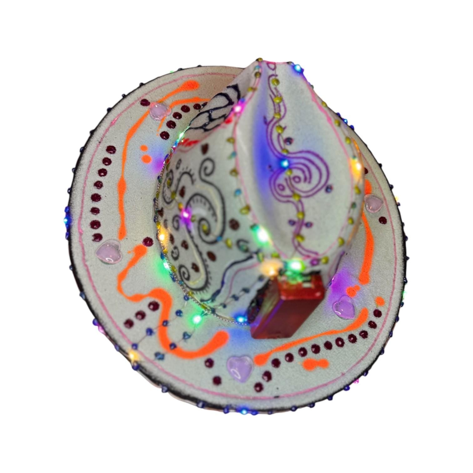 LED Burning Man Cowboy Hat: Neon Art, Cosmic Symbols, Handmade