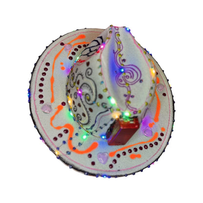LED Burning Man Cowboy Hat: Neon Art, Cosmic Symbols, Handmade