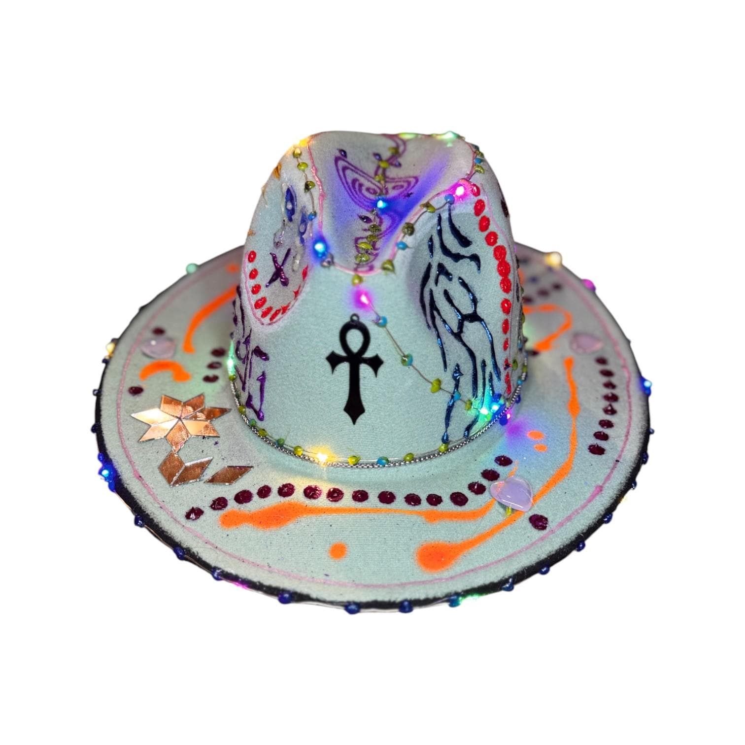 LED Burning Man Cowboy Hat: Neon Art, Cosmic Symbols, Handmade