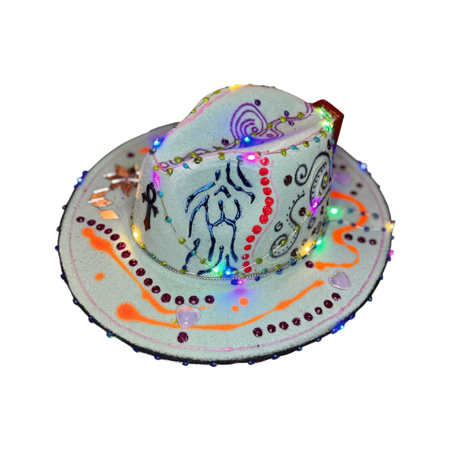 LED Burning Man Cowboy Hat: Neon Art, Cosmic Symbols, Handmade