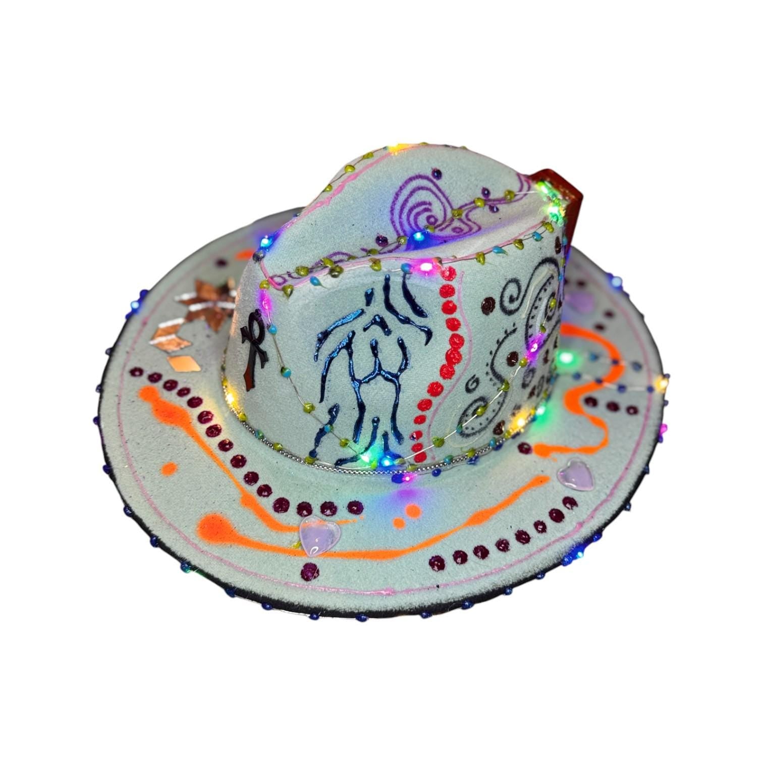 LED Burning Man Cowboy Hat: Neon Art, Cosmic Symbols, Handmade